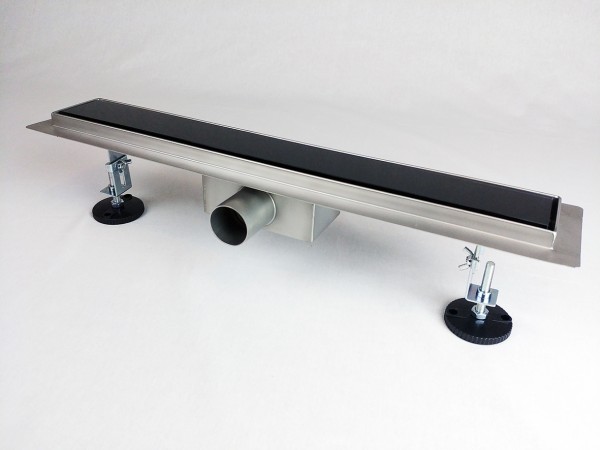 Kanaleta tuš s ČRNIM KALJENIM STEKLENIM pokrovom, dimenzij: 900(d)x70(š)x70(v)mm INOX