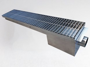 Griglia a pavimento inox con vasca e sifone, dimensioni 150mm x 3000mm x Ø50mm / Ø75mm orizzontale/verticale CARRABILE ANTISCIVOLO