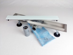 Kanaleta tuš z BELIM KALJENIM STEKLENIM pokrovom, dimenzij: 600(d)x70(š)x70(v)mm INOX