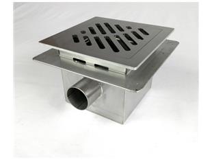 Talni sifon komplet s čelno ploščo debeline 5mm s PERFORIRANIM VZORCEM (AVTOPOVOZNO) in prirobnico za hidroizolacijo 300x300x181mm INOX Ø75mm horizontalno