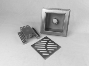 Talni sifon komplet s čelno ploščo debeline 5mm s PERFORIRANIM VZORCEM (AVTOPOVOZNO) in prirobnico za hidroizolacijo 300x300x128mm INOX Ø50mm vertikalno