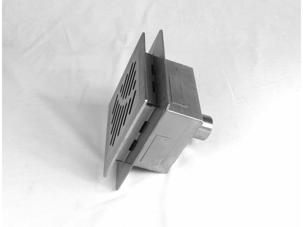 Talni sifon komplet s čelno ploščo debeline 5mm s PERFORIRANIM VZORCEM (AVTOPOVOZNO) in prirobnico za hidroizolacijo 300x300x128mm INOX Ø50mm vertikalno